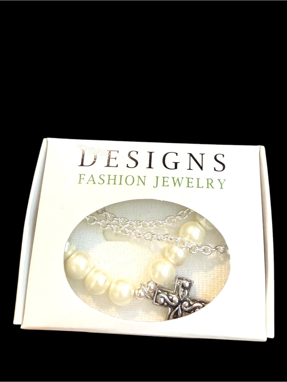 Designs Silver Faux Pearl Adorned Cross Necklace - Picture 3 of 7